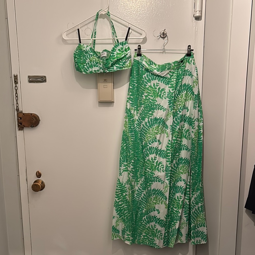 Green and White Leaf Print Halter Top and Skirt Set
